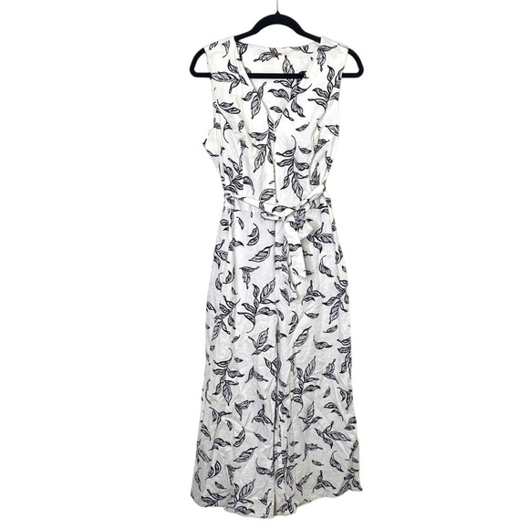 Tahari Linen Leaf Embroidered Sleeveless Stretch Jumpsuit Ivory/Black - Picture 2 of 8